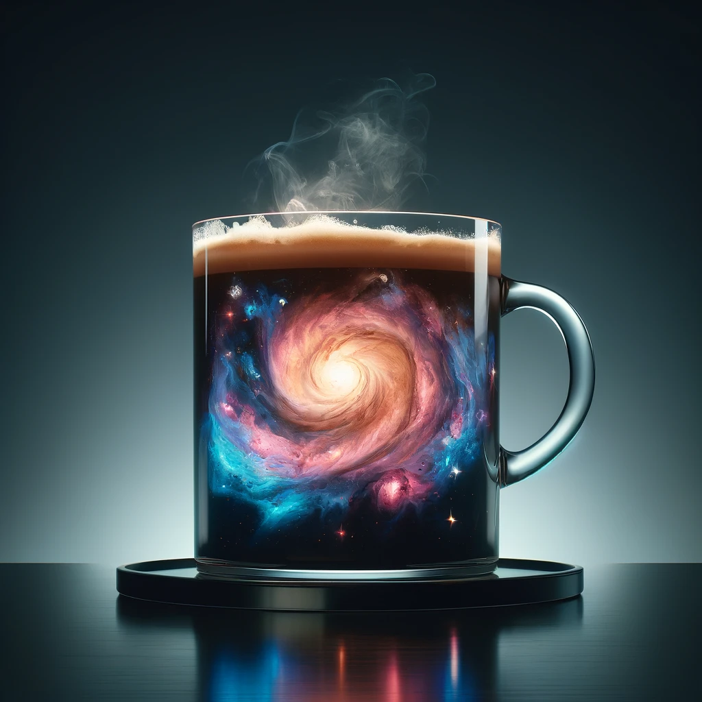 DALL·E 2024-05-26 20.22.10 - An eye-catching image for an ad, showing an oversized, transparent coffee cup filled with swirling, steaming coffee. Inside the cup, instead of normal